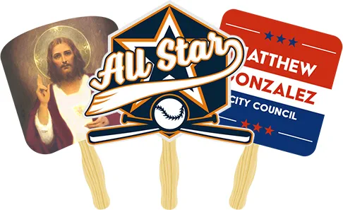 Custom printed hand fans displayed in a fan arrangement showing full-color designs