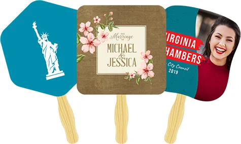 Double-sided custom hand fans showing front and back print options